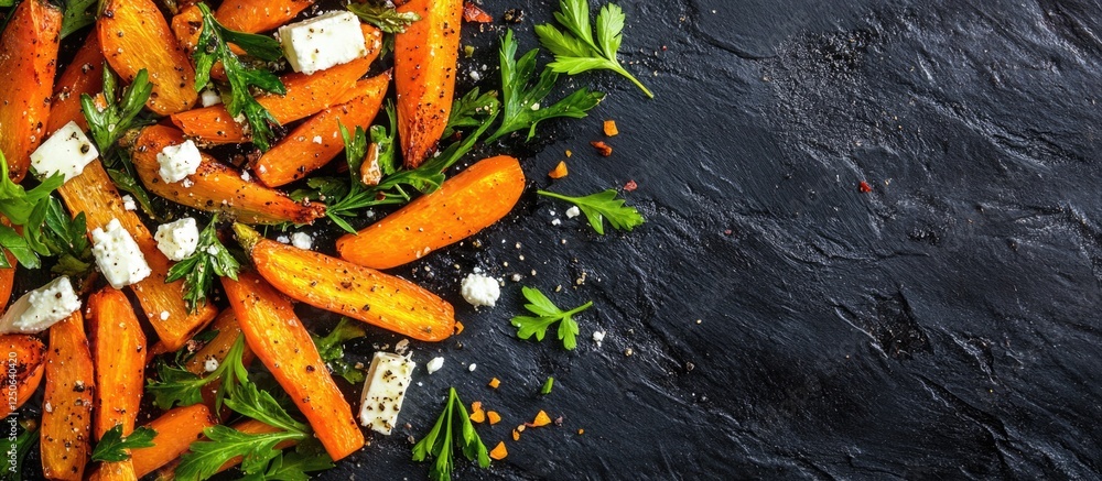 Poster roasted carrot and feta salad with endives on dark background for text space