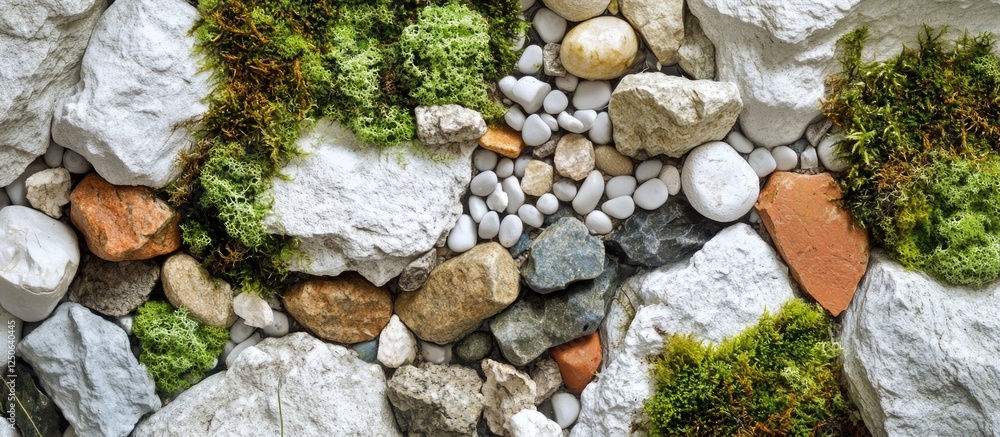 Poster natural textured rock floor with moss and pebbles ideal for backgrounds in design and nature-themed 