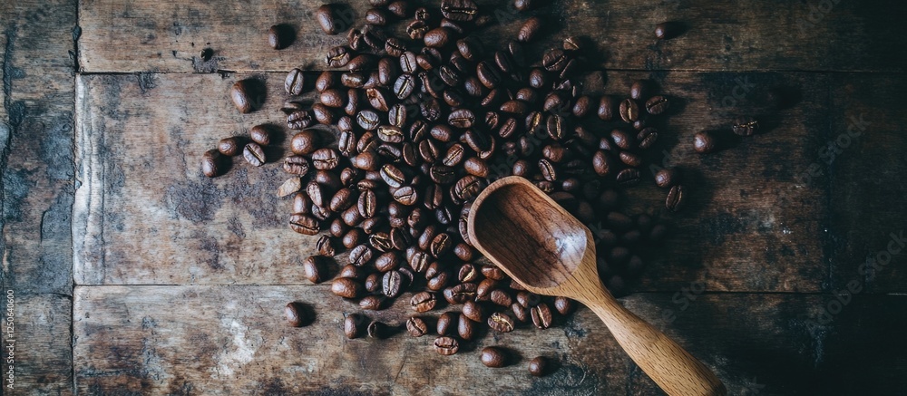 Poster roasted coffee beans scattered on a rustic wooden table with a wooden scoop top view creating a warm