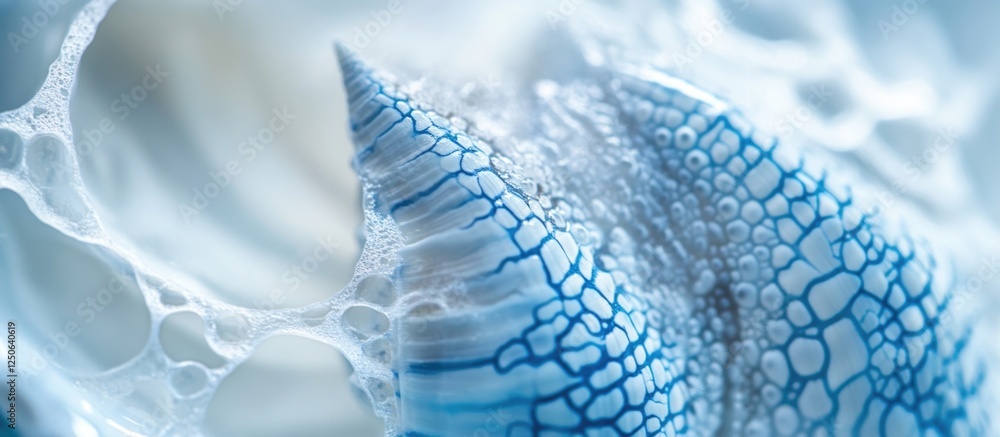 Aufkleber Close-up of a beautiful sea shell showcasing intricate textures and patterns in calming blue and white tones for a natural background design.