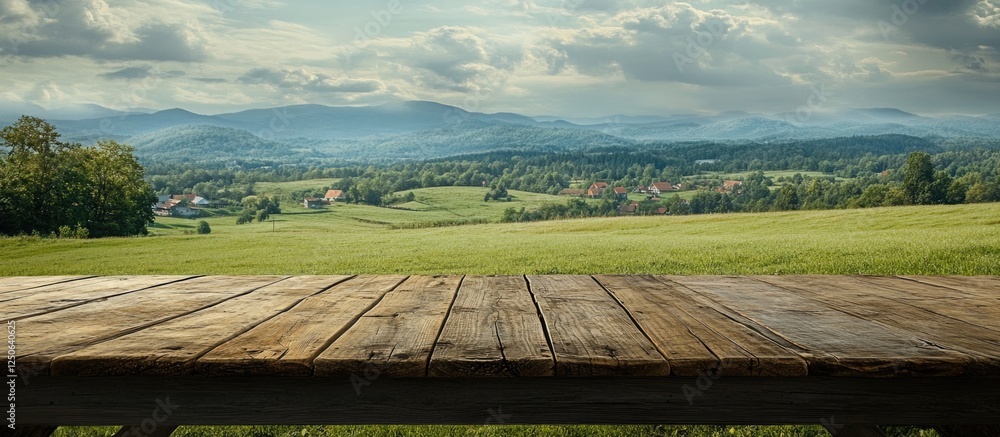 Poster Scenic rustic wooden table overlooking lush green pastures and distant mountains with empty space for text placement.
