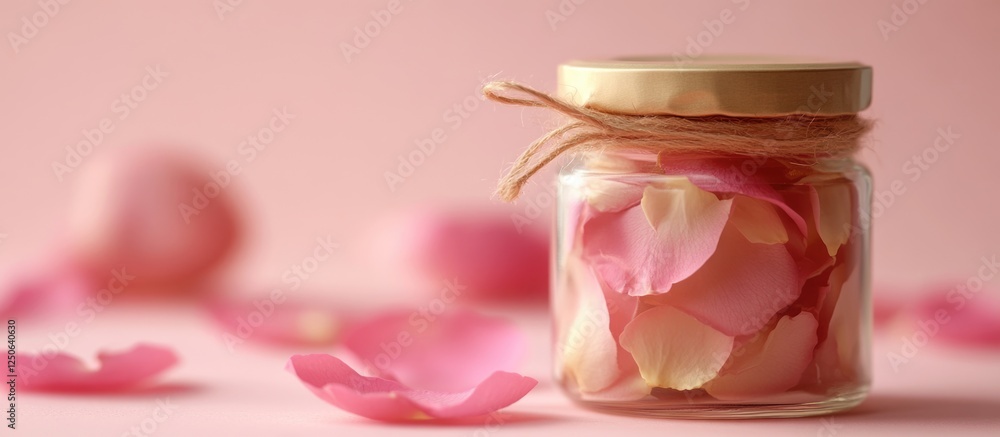 Poster Rose petals in a glass jar on a soft pink background ideal for customizable text or romantic themes in your design projects