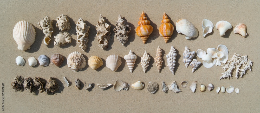 Poster collection of diverse sea shells arranged on a neutral background showcasing natural textures and co