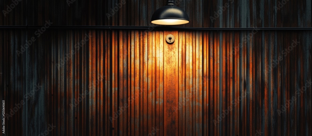 Poster Rusted corrugated metal wall with external lighting fixture and blank space for text or design applications