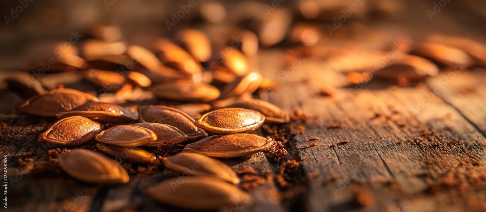 Poster roasted pumpkin seeds scattered on wooden surface creating a warm and inviting background for food-r