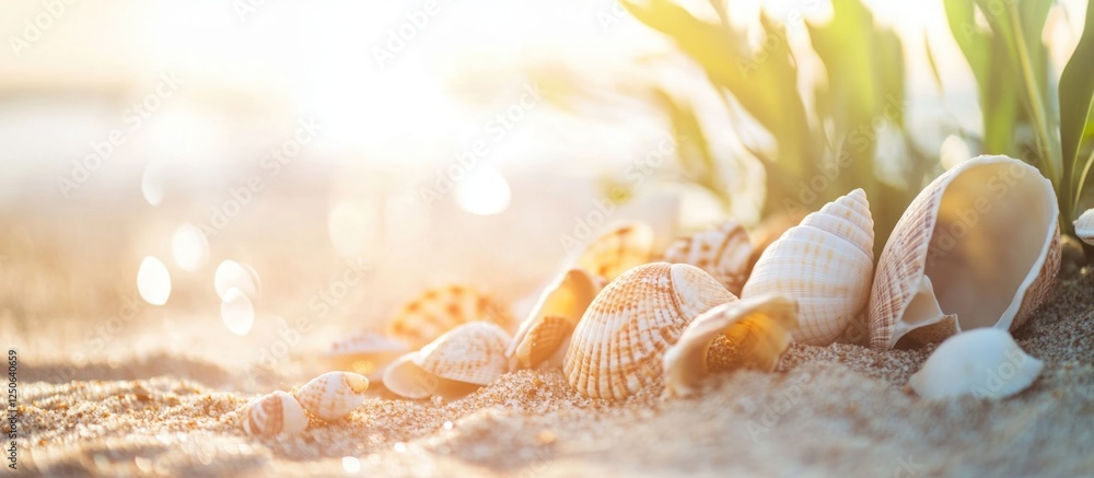 Poster seashells on sandy beach with soft sunlight creating a serene coastal atmosphere ideal for nature an