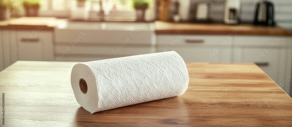 Poster Roll of paper towels on glossy wooden kitchen table with natural light illuminating the space creating a warm and inviting atmosphere