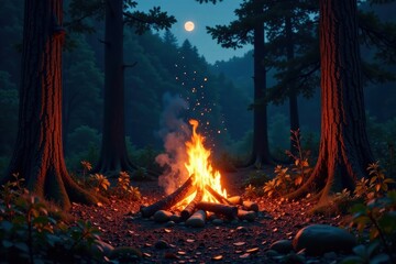 Enchanted Forest Night Scene A Campfire Under the Moonlight's Glow, Embracing the Tranquility of Nature
