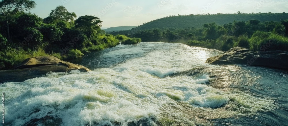 Poster dynamic river rapids cascading over rocks surrounded by lush greenery under a serene sky showcasing 