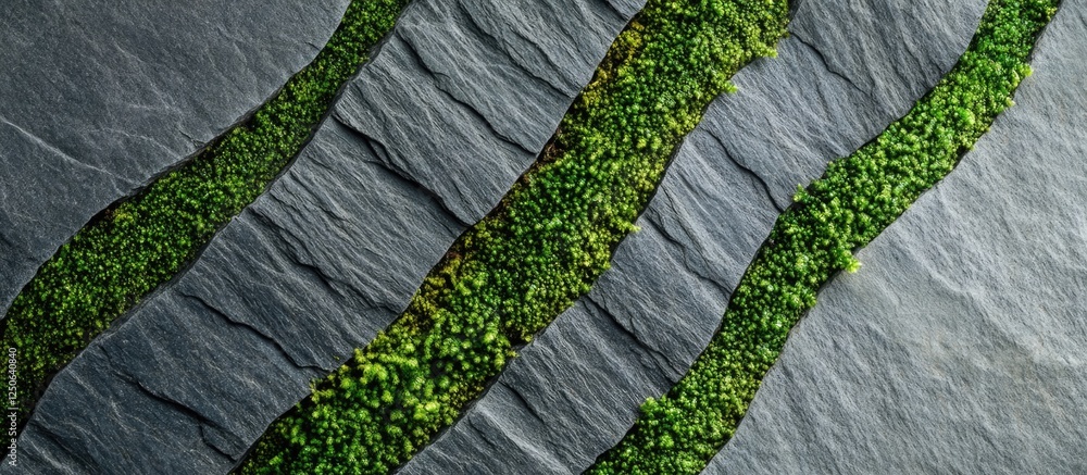Poster Lichen-covered rock featuring three distinct green moss lines creating a natural pattern on a textured stone surface.