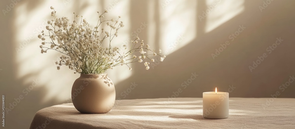 Aufkleber Minimalist coffee table setup featuring a scented candle and wildflower vase with soft lighting and empty space for creative text placement