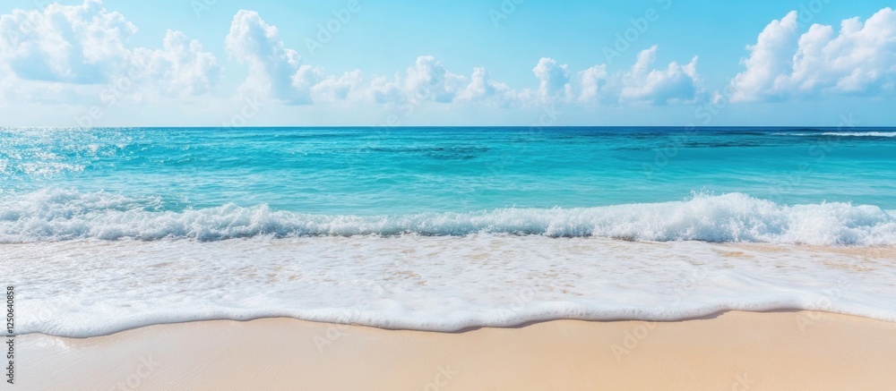 Poster serene sandy beach with gentle waves under a clear blue sky creating a tranquil seaside atmosphere f