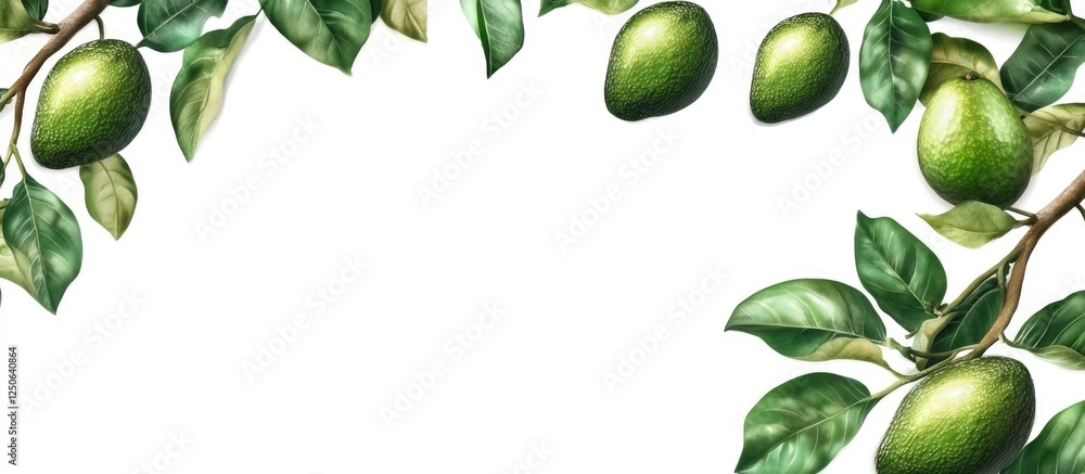 Poster Fresh Avocados Surrounded by Lush Green Leaves on Branch with Space for Text or Branding in a Natural Setting