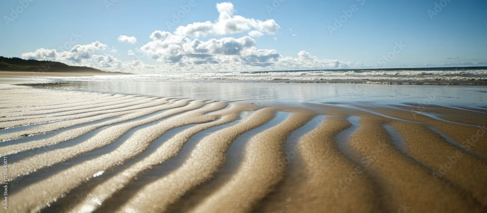 Poster rippling sandy beach texture under clear blue sky with soft clouds creating a serene coastal landsca