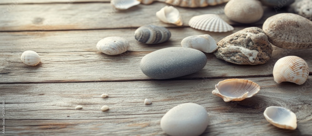 Poster Sea stones and shells arranged on a rustic wooden table creating a calming coastal atmosphere suitable for decor or design themes.