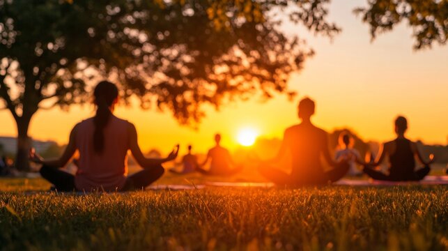 Sunrise Yoga in Urban Park Diverse Group Practicing Mindfulness and Wellness - Outdoor Community Retreats and Holistic Health Promotion for Modern Lifestyle Balance
