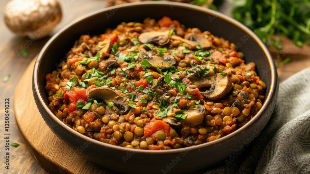 Poster savory vegan lentil and mushroom bolognese served in a rustic bowl with fresh herbs on a wooden tabl