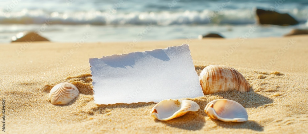 Poster Seashells on sandy beach with weathered paper against serene ocean backdrop capturing the essence of summer and tranquility.