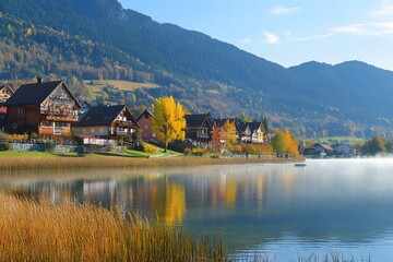 Alpine lake village autumn sunrise reflection