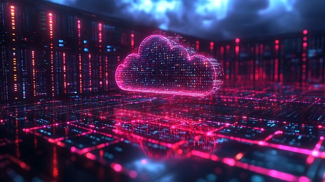 High tech cloud computing visualization with floating data nodes and cyber matrix
