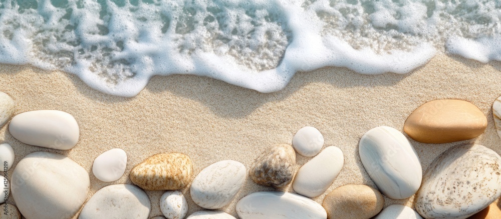 Poster tranquil beach scene featuring smooth pebbles scattered on golden sand with gentle waves lapping at 