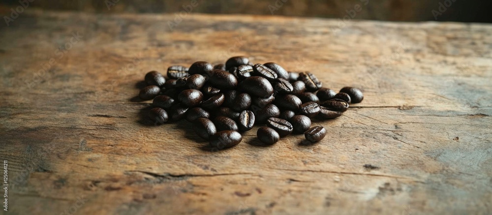 Aufkleber Roasted coffee beans arranged on rustic wooden surface creating a warm and inviting texture for culinary or coffee-related themes.