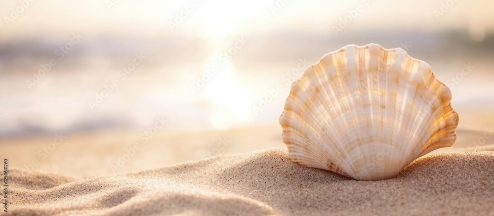 Aufkleber Close-up of a beautiful seashell resting on soft sand at the beach with a gentle sunlight glow creating a serene coastal atmosphere.