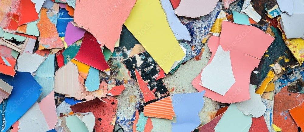 Poster colorful collage of torn paper scraps creating a vibrant textured backdrop for artistic and creative