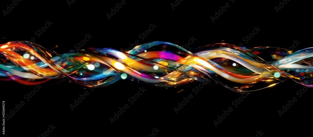 Poster Colorful flowing light strands on a dark background with space for text creating a vibrant and dynamic visual impact.