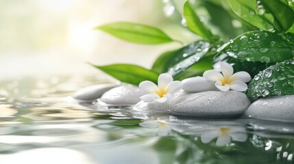 Clean natural spa product display, white pebbles, fresh green leaves, subtle water reflections, luxurious wellness and skincare concept