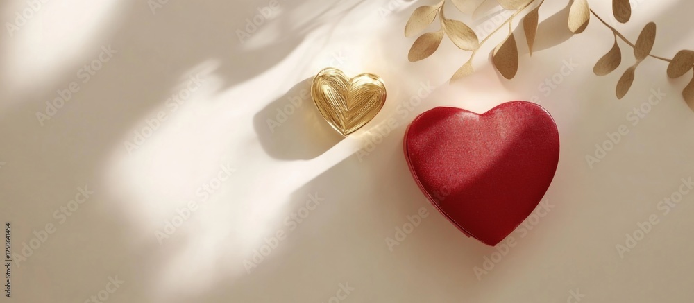 Poster elegant flatlay of shiny gold heart and small red gift box on a soft background symbolizing love and