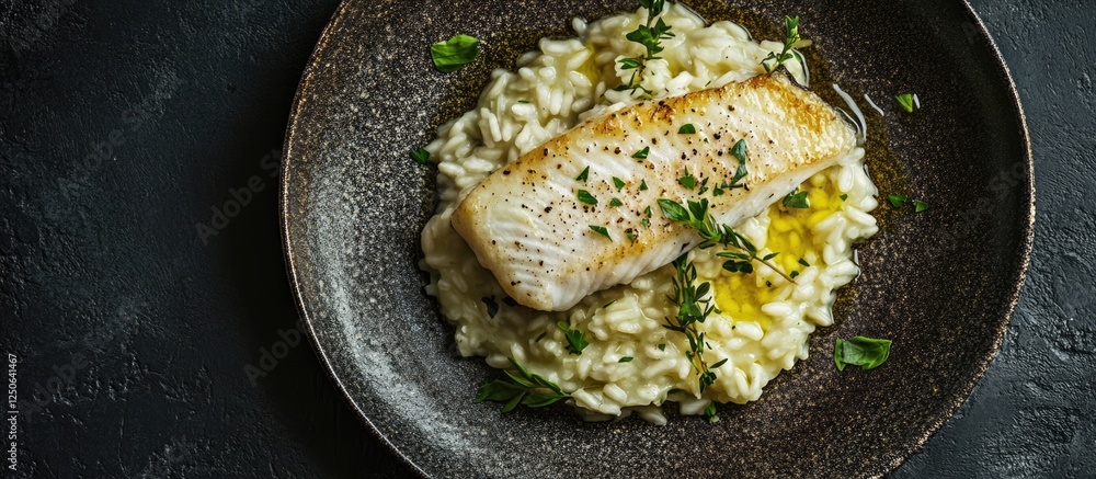 Aufkleber risotto with white fish fillet garnished with herbs on a textured black background in a studio setti