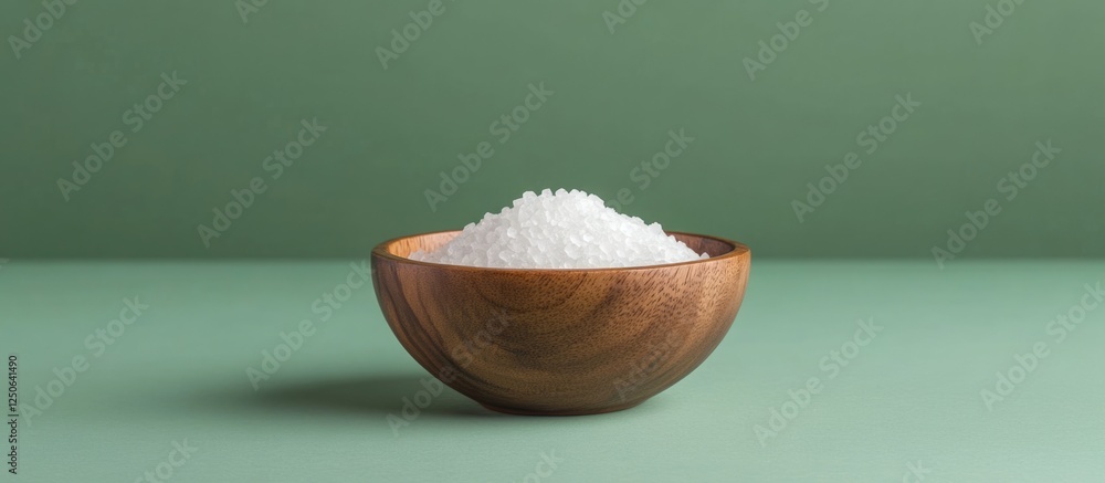 Poster sea salt in a wooden bowl on a green background with ample blank space for text or product placement