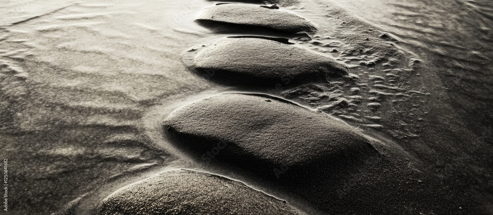Aufkleber serene black and white sand ripples with smooth rock formations creating a tranquil beach landscape 
