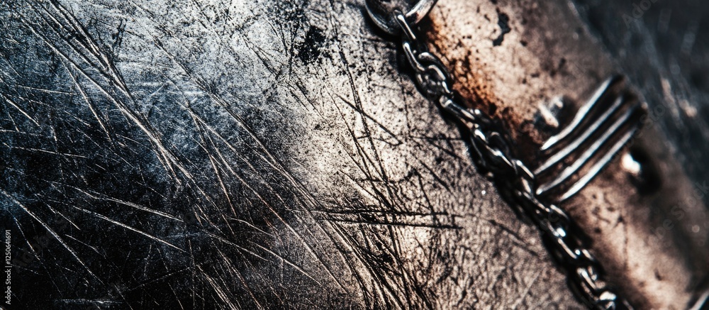 Poster scratched metallic surface with chain detail showcasing texture and wear in an artistic close-up sho