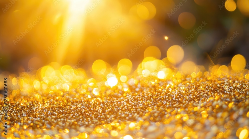 Poster Golden bokeh background with vibrant sparkles and defocused lights creating a magical and lustrous atmosphere for festive or celebratory themes.