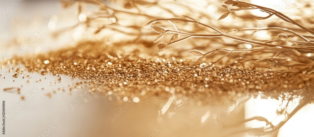 Poster sawdust with golden tint arranged elegantly against a shiny background featuring delicate small bran
