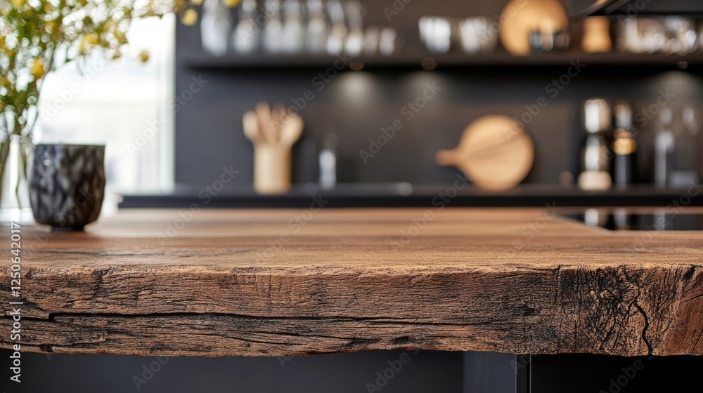 Poster rustic wooden tabletop with blurred modern kitchen background showcasing minimalist design and space