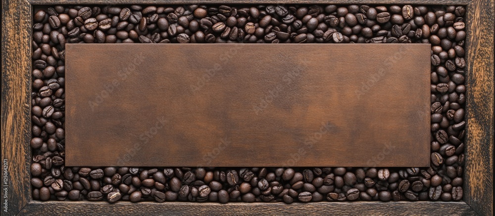 Poster Coffee beans arranged in a rustic frame creating a warm background for menu cards or culinary designs with ample copy space