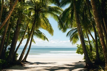 Tropical beach paradise pathway view, ocean background, travel postcard