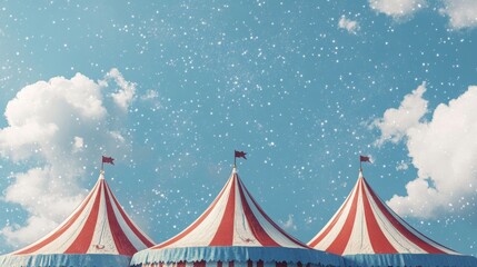 Red and white circus tents with a blue starry cover under a sunny sky.
