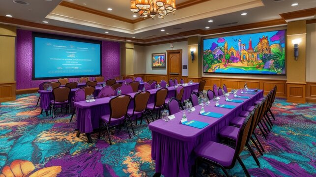 A vibrant seminar setting with colorful lighting and an interactive display