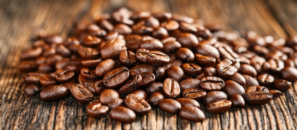 Aufkleber roasted coffee beans scattered on rustic wooden surface creating a rich textured background for culi