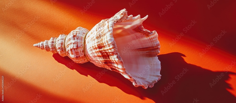 Poster Elegant sea shell resting on a vibrant red background showcasing intricate details and shadows. Perfect for nature and beauty themes.