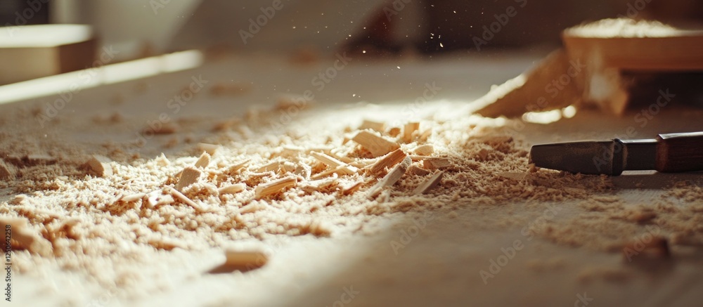 Aufkleber Sawdust scattered on a wooden surface with soft natural light highlighting woodworking tools and materials in a workshop setting