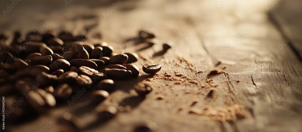 Aufkleber coffee beans scattered on rustic wooden surface with soft focus creating a cozy and warm atmosphere 