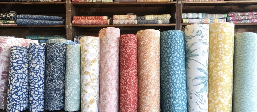 Aufkleber Various colorful fabric rolls neatly arranged on wooden shelves in a fabric store showcasing diverse patterns and textures.