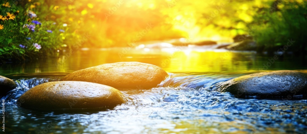 Poster serene river flowing over smooth stones with vibrant greenery and sunlight creating a tranquil natur