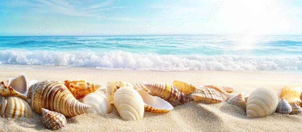 Poster tranquil beach scene featuring a variety of colorful sea shells scattered along the shoreline with g