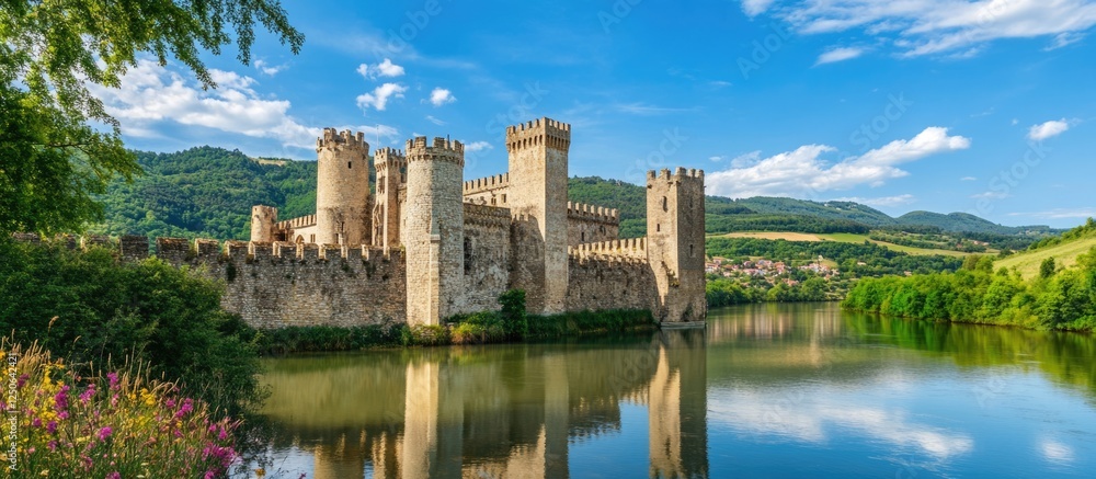 Aufkleber scenic view of a historic castle reflecting in a tranquil river surrounded by lush greenery and vibr
